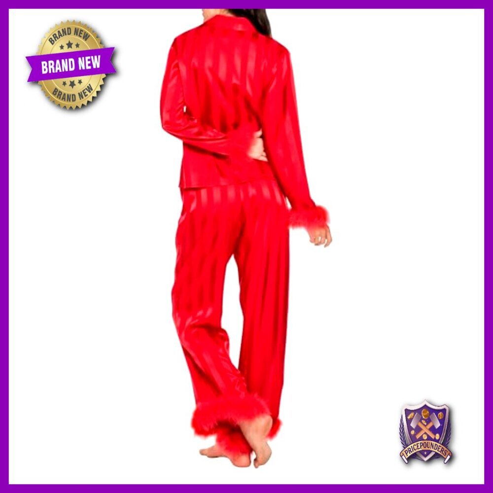 Silk Satin Pajama Set Long Sleeve Heart Print Feather Trim Lounge Wear - Picture 3 of 4